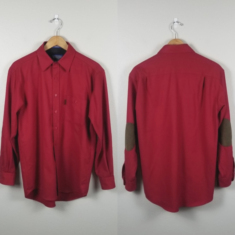 Pendleton Red Virgin Wool Trail Shirt with Brown Elbow Patches Size Medium